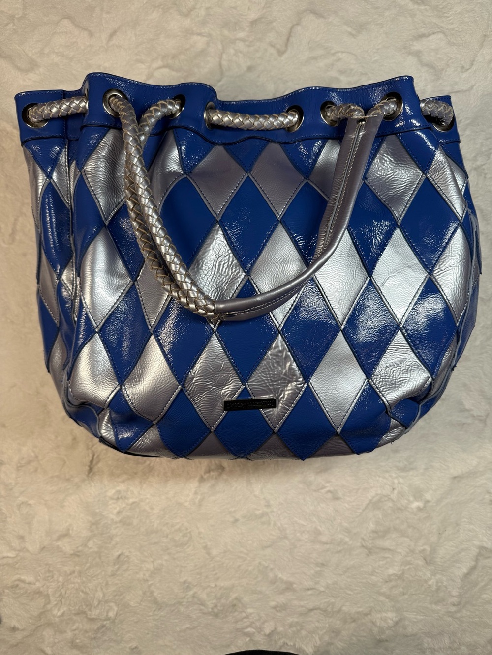 La Gioe Di Toscana Blue & Silver Diamond-Quilt Tote Bag with Braided Handles